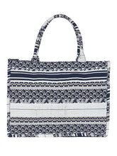 PRIMROSE Jacquard Tote Bag, Navy Blue and White Geometric Pattern, Cotton Canvas Material, Zipper Closure